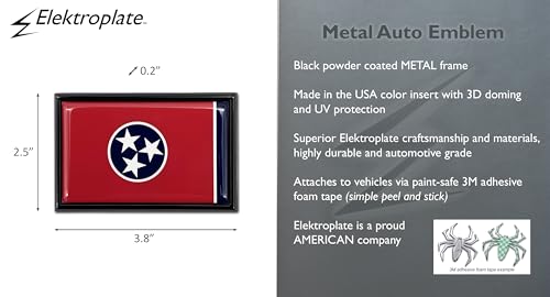 Image of Elektroplate Premium Tennessee TN State Flag All Metal Black Frame Chrome Emblem for Cars, Trucks, and All Auto | Universal Fit at 2.5 inch x 3.8 inch | Weatherproof