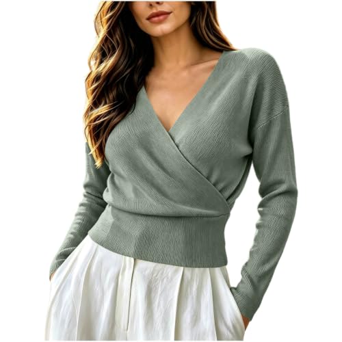 Womens Wrap Sweater Long Sleeve V Neck Slim Knit Tops Fall Winter - image 1