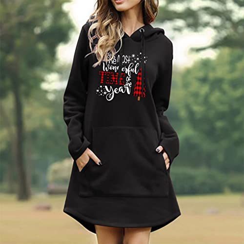 Kulywon Women Christmas Letter Christmas Tree Printing Drawstring Hooded Christmas Pocket Long Cotton Sweatshirt For (Black, S) #TOP1