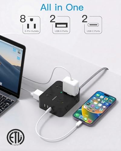 Image of Surge Protector Power Strip 15 Ft Long Cord, HANYCONY Extension Cord 15 Feet with 8 Outlets 4 USB Ports(2 USB C), Flat Plug, Desk Charging Station for Home Office College Dorm Room Essentials