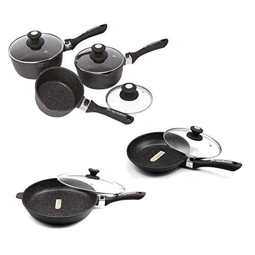 Schumann Professionnel - Lot 3 Casseroles 16/18/20cm - 2 Pôeles 28/32cm - Compatibles Tous feux dont Induction - Fonte d'Aluminium Sans PFOA - Manches Amovibles Silicone - Couvercle Inclus