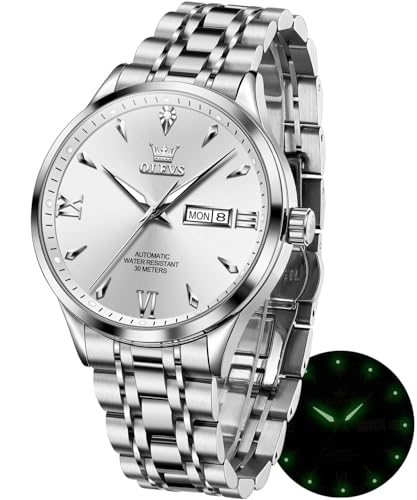 Image of OLEVS Automatic Watches for Men Self Winding Mechanical Wristwatch Luxury Business Dress Stainless Steel Luminous Waterproof Calendar Mens Watch