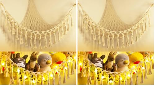 Image of Stuffed Animal Toy Storage Hammock with LED Light - Macrame Jumbo Doll Corner Stuff Animals Organizer Decorations - Cute Hanging Plushie Net Kids Baby Nursery Bedroom Room Decor (Pack of 2)