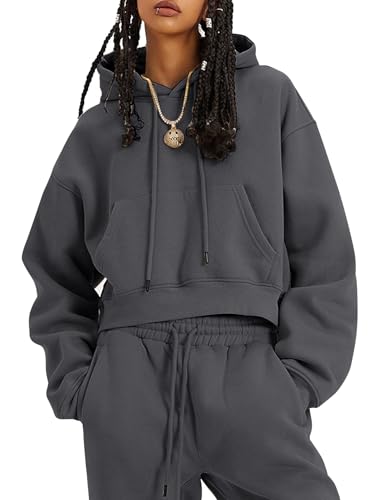 Flygo Womens Fleece 2 Piece Outfits Sweatsuit Crop Pullover Sweatshirt Joggers Pants Tracksuit Set