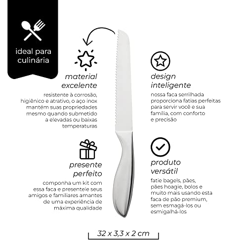 Mimo Style Faca Para Pão 32cm, Feita Inteiramente de Aço Inoxidável de, Resistente e Durável. Possui