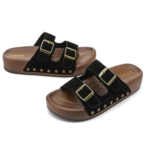 Image of UBFEN Womens Platform Slide Sandals | Real Leather,Buckle Sandals with Cushioned Flatform Footbed,Comfortable for Walking,Arch Support,Casual Styling