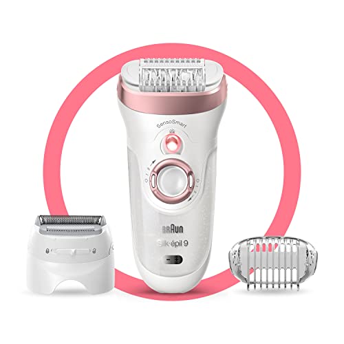 Braun Silk-épil 9 - Depiladora para mujer, depiladora de larga duración, cabezales para maquinilla de afeitar, recortadora y masaje para cuerpo, bolsa, 9-730, color blanco/oro rosa