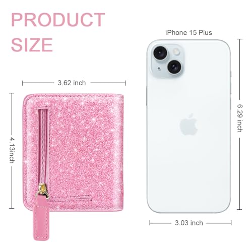 Image of Small Womens Glitter Wallet Thin Credit Card Holder Pocket | Compact Women Slim RFID Blocking Bling Wallets Bifold Ladies Mini Purse Pocket for Travel & Daily Use, Pink