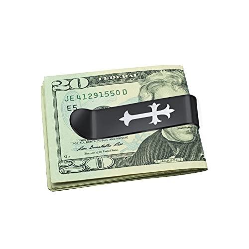 Bling Jewelry Personalize Christian Fleur de Lis Religious Cross Shape Mens Money Clip Credit Card Holder for Men Dad Teens Graduation Silver Gold Tone Stainless Steel Customizable3