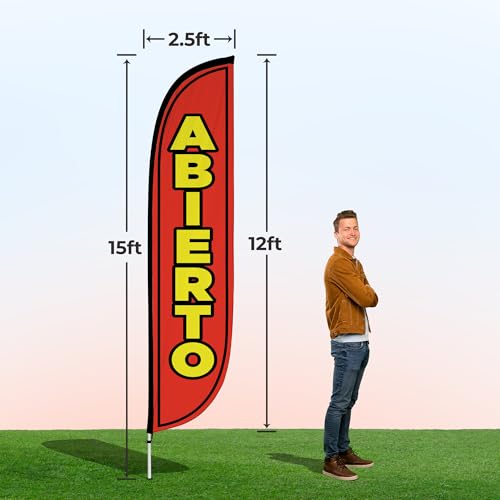 Image of LookOurWay Feather Flag Pole Kit - 12 Feet Tall Advertising Flag Banner with Fiberglass Pole Kit and Ground Spike for Business Promotion - Grand Opening Flags - Abierto (10M1200095)