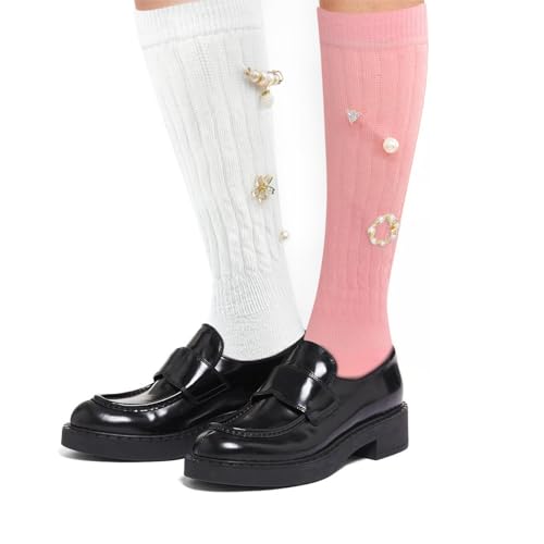 LOHO WONDERZ 2 Pairs White Pink Slouch Socks with 21 Pcs Sock Pins Jewelry for DIY Socks Shoes Hat Clothing Accessories(White Pink)