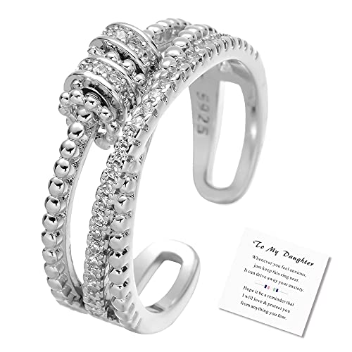 To My Daughter Fidget Ring Anxiety Ring for Women Anxiety Relief Ring Vintage Adjustable Open Ring with Beads Spinner Jewelry Gift for Women Girls (Silver-1)