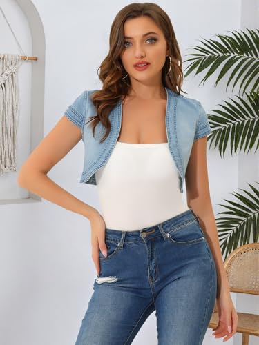 Image of Allegra K Women's Denim Jacket Cap Sleeve Cropped Open Front Shrugs Casual Summer Jean Jackets