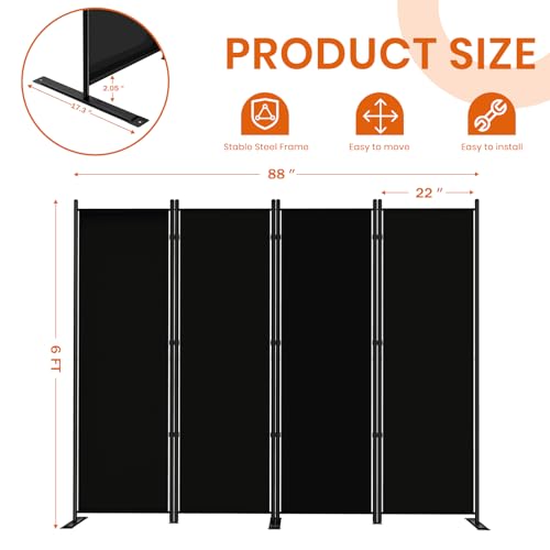 Image of SUNALLY Room Divider 6FT Folding Privacy Screens, 4 Panel Fabric Divider for Room Separation, 88 inch W Freestanding Portable Wall Dividers Screen for Home Dorm Studio Office, Black
