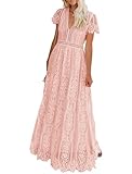 MEROKEETY Women's 2024 V Neck Short Sleeve Floral Lace Wedding Dress Bridesmaid Cocktail Party Maxi Dress, Pink, Small