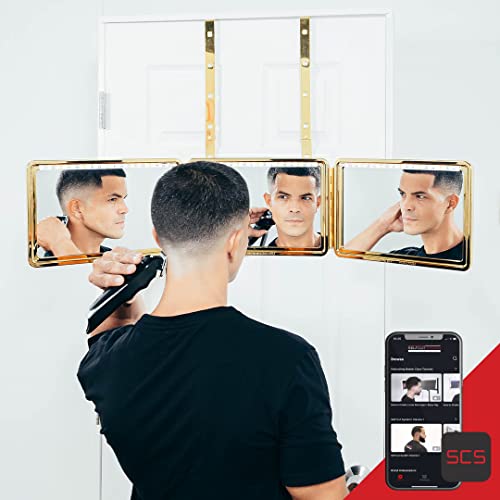 Self Cut System 3 Way Mirror for Self Hair Cutting Trifold Barber mirror with Height Adjustable Hooks 360 View Includes Free Educational Mobile App Black Lambo | 360-Degree Trifold Mirror Adj product thumbnail 10