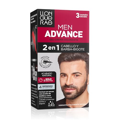 Llongueras – Men Advance, Gel Crema Colorante 2 en 1, para Cabello y Barba-Bigote, con Aceite de Jojoba, Coloración Masculina, Nutre e Hidrata, Acabado Natural en 5 Minutos, Tono 3, Castaño Oscuro