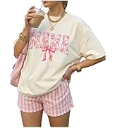 RoseSeek Women's Bow Letter Graphic Tees Crew Neck Short Sleeve Floral T Shirts Cute Summer Tops
