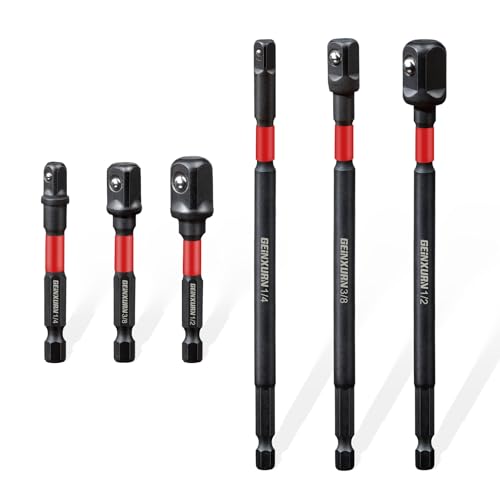 GEINXURN Adapter do kluczy nasadowych 1/4" 3/8" 1/2" 6 sztuk 150 mm Cr-V 1/4 cala adapter sześciokątny, czworokątny, trzpień sześciokątny do wiertarki i wkrętarki akumulatorowej, uchwyt do bitów