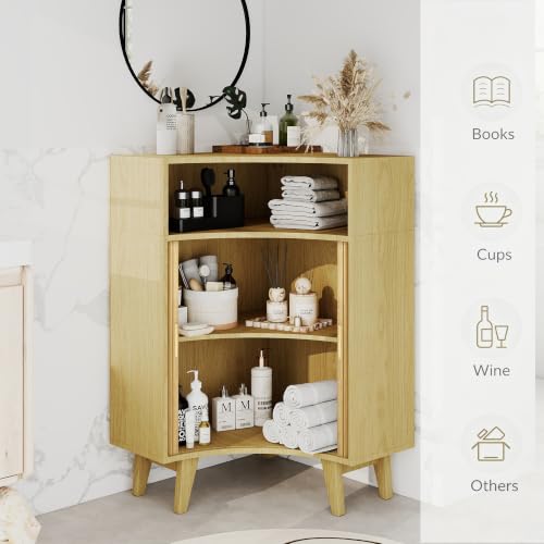Image of Fluted Corner Cabinet with Open Storage, Modern Floor Cabinets with Sliding Doors and 2-Tier Shelves, Freestanding Narrow Organizer for Small Space,Living Room, Dining Room,Natural