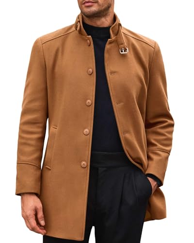 Image of Runcati Mens Trench Coat Stand Collar Casual Slim Fit Single Breasted Pea Coat Overcoat
