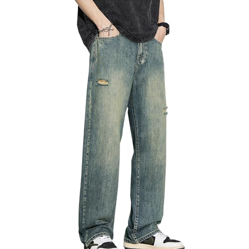 Mens Baggy Ripped Jeans Mid Rise Loose Fit Y2k Hip Hop Jeans Straight Wide Leg Distressed Skateboard Denim Pants