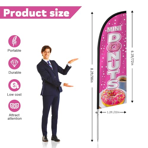 QSUM 8FT Mini Donuts Feather Flag with Pole Outdoor Advertising Banner Polyester Fabric Stainless Steel Pole Promo Flag Kit with Ground Spike Carry Bag for Dessert Shop by QSUM - Image 2
