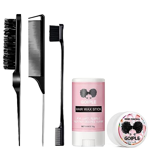 Hair Styling Comb Hair Wax Sticker Set, 3 Pack Teasing Hair Brush Rat Tail Comb Edge Brush for Edge&Back Brushing, Combing, Slicking Hair for Womem, with Hair Wax Stick and Edge Control Wax