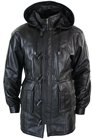 LLD Mens 3/4 Long Real Leather Duffle Jacket Coat Safari Detachable Hood Classic Black xs
