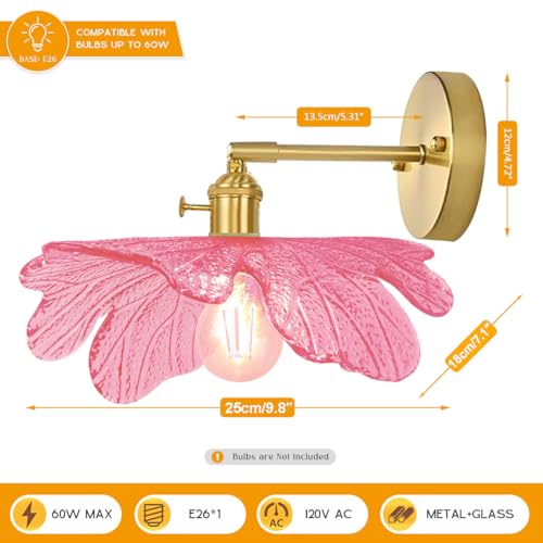 Image of Pink Glass Light Fixture Glass Flush Wall Sconce Lights Vintage Gold Bathroom Vanity Lights with Pink Flower Shape Shade 90 Adjustable Mid Century Rustic Wall Lamp for Over Mirror