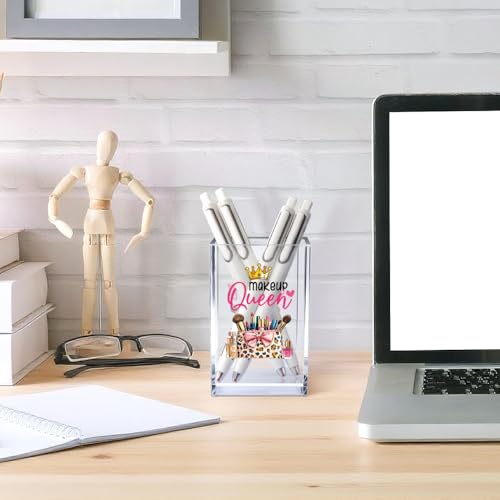 Image of Makeup Queen Acrylic Makeup Brush Organizer Holder, Makeup Queen Desk Acrylic Brushes Storage, Christmas Birthday Gifts for Women Mom Sister Colleague Boss Lady Make Up Artist