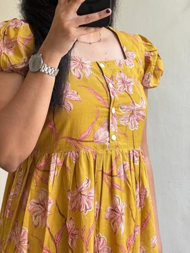 Image of Women's Cotton Blend Maxi Midi Dress Western Dress for Women Elegant Floral Printed Long Dresses