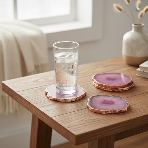 Image of Natural Agate Stone Tea Coasters Set | Premium Stone Coasters for Tea, Coffee & Glass | Heat Resistant Coasters for Dining Table, Office Desk & Home Decor | Pack of 4 | Color -Pink
