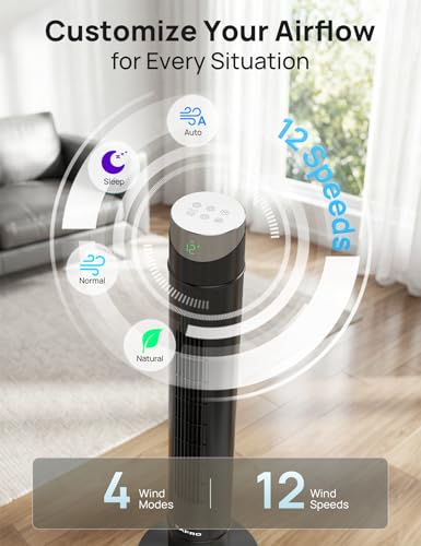 Image of ZAFRO Smart Tower Fan for Bedroom,120 Oscillating Fans that Blow Cold Air | 28ft /s High-Speed 12 Speeds 4 Modes Upgraded DC 22dB Ultra Quiet,Standing Fan with 12H Timer,42Inch,Dark Black