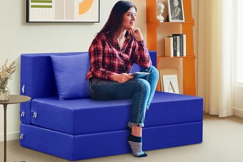 Image of Easy Foldable Two Person Sofa Cum Bed Jute Fabric- Washable Cover- Including Two Cushion- Size 4' X 6' Ft (Blue Color) Perfect for Home & Office for Guests
