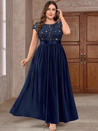 Knitee Women's Plus Size Sequin Floral Lace Formal Bridesmaid Party Flowy Maxi Dress4