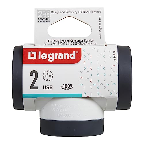 Adaptateur 2P+T Legrand 694522 multiprise rotative avec ports USB A et C blanc et gris