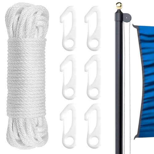 Alrhso 6 Pcs Flag Pole Clips with 15M Nylon Flag Pole Rope Flagpole Halyard Rope Kit Braided for Flagpole, Camping, Swing, Garden, Clothesline (White)