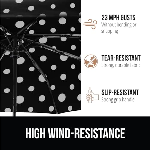 Image of GORILLA GRIP Compact Travel Size Umbrella for Rain, Sleek Design Fits Backpack, Purse and Carry On, Lightweight Under 1lb, One Click Open and Close, Wind Resistant, Durable Waterproof, Polka Dots