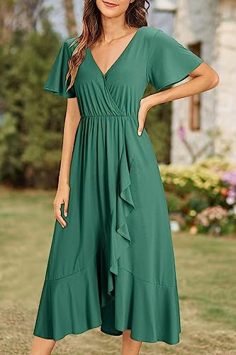 Laishen Women's Maternity Dress 2023 Summer V Neck Ruffle Split Formal Midi Pregnancy Dress Baby Shower Photoshoot(Green,L) #TOP2