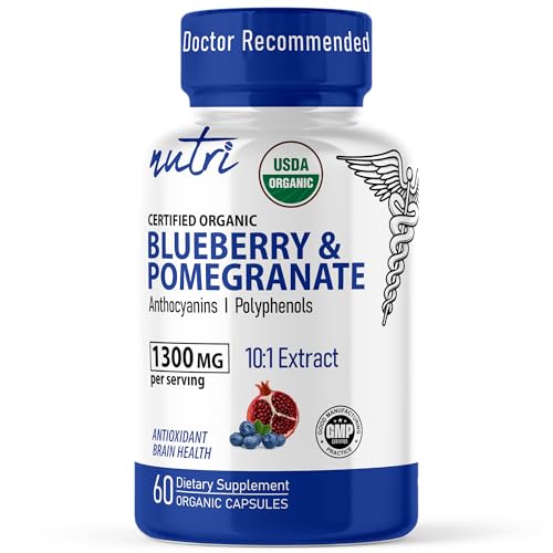 Nutri Organic Blueberry Pomegranate Supplement 1300mg - with 800mg 10:1 Extract & 500mg 10:1 Pomegranate Extract - USDA Certified Organic - 60 Count Capsules - High in Anthocyanins and Polyphenols