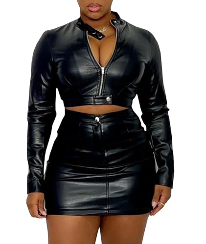 SEMATOMALA Women's Faux Leather Cropped Zip Up Jacket and Bodycon Mini Skirt Outfits 2pcs PU Matching Sets - Main Image