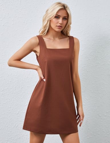Image of Womens Summer Sleeveless Dresses Cotton Linen Mini Sundress Casual Square Neck Backless Solid Tank Shift Dress