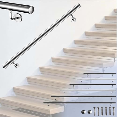 Main courante, inox 304, rampe d'escalier ronde 200cm, avec 2 supports muraux, Ø42.4mm, en kit complet, intérieur & extérieur