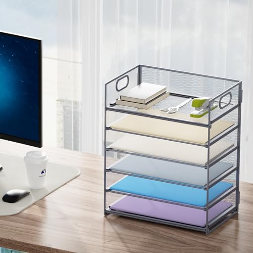 Image of Marbrasse 6 Tier Paper Organizer Letter Tray - Mesh Desk File Organizer with Handle, Paper Sorter for Letter /A4 Office File Folder Holder - Grey