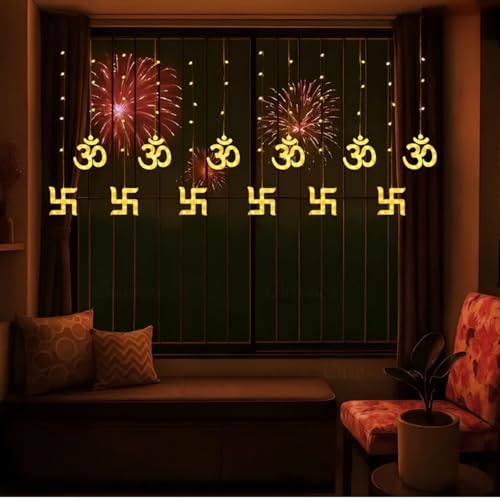Image of HashWOW Om Swastik Curtain String Lights - 12 Hanging Symbols with 8 Flashing Modes, Warm White Decorative LEDs for Diwali & Festive Decor