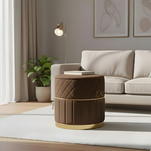 Image of ENIQE STORE Set of 2 Round Velvet Ottoman Footstool Gold Base - Tufted Upholstered Pouffe Stool for Living Room, Bedroom & Dressing Area (Brown)