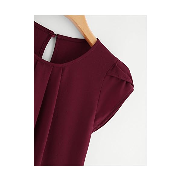 Milumia Womens Casual Round Neck Basic Pleated Top Shirt Curved Keyhole Back Blouse (Burgundy, Large, Cap Sleeve)