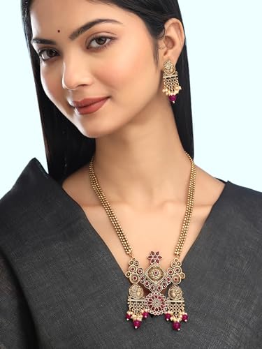 Image of Yellow Chimes Jewellery Set For Women | Red Stone Beads Necklace Set For Women | Traditional Gold Plated Jewellery Set For Girls | Birthday Gift For Girls & Women For Wife