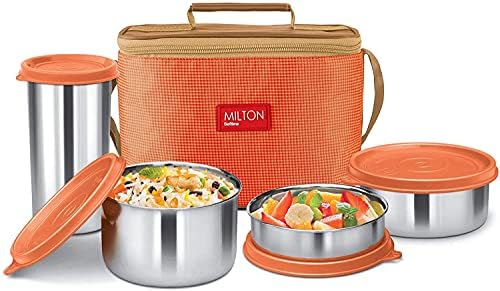 MILTON Delicious Combo Lunch Box Set Soft Insulated Tiffin Box (3 Stainless Steel Round containers,BPA Free, Snack Box with Bag, Leak-Proof, Easy to Carry| Set of 4, Orange